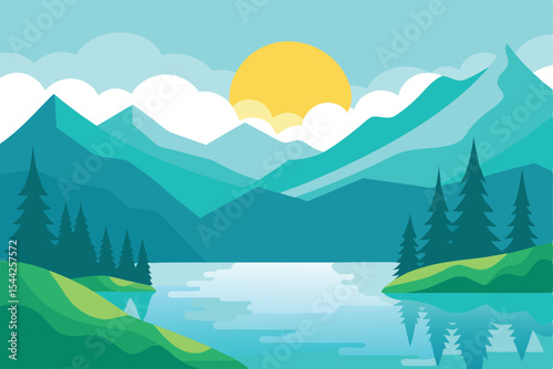 Serene Mountain Lake Landscape with Rising Sun, Lush Greenery, and Evergreen Trees