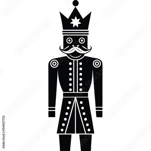 Black and white illustration of a traditional nutcracker soldier with a regal crown and mustache