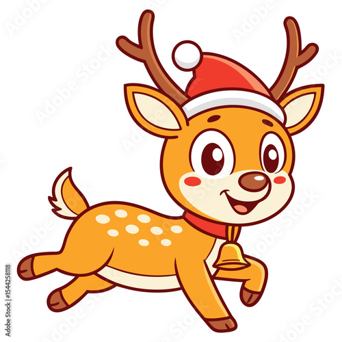 Cute cartoon christmas reindeer wearing santa hat and red collar with golden bell running