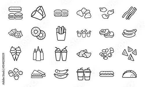 Collection of 24 types of fast food icons in a simple outline style for various design projects