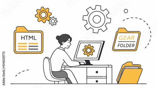 Web Development Concept with Coder and Tech Symbols, White Background