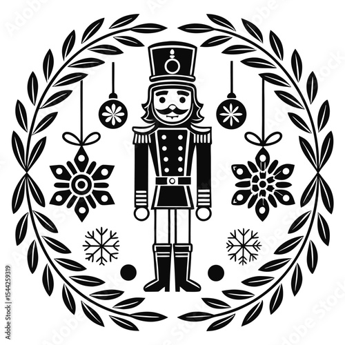 Festive black and white christmas nutcracker surrounded by holiday decorations and laurel wreath