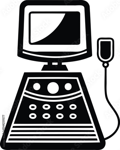 Black and white illustration of an ultrasound machine for medical diagnostics