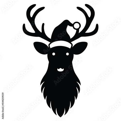 Festive christmas reindeer with santa hat in black silhouette on white background