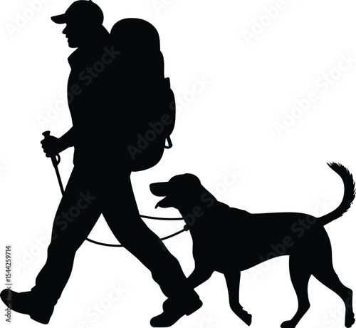 Silhouette of hiker with backpack and dog walking on white background