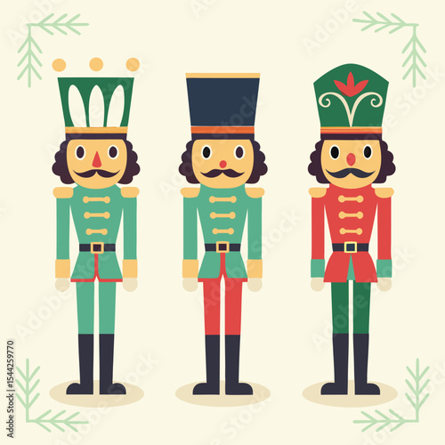 Festive illustration of three colorful traditional toy nutcracker soldiers standing upright for christmas