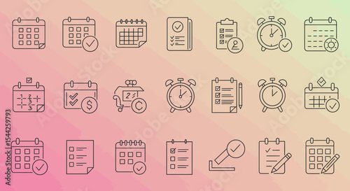 Collection of linear icons illustrating time management and scheduling concepts