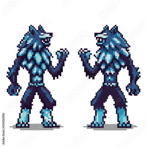 A pair of stylized, pixelated werewolf figures, rendered in a deep blue color palette with lighter highlights, stand facing forward against a plain white background.