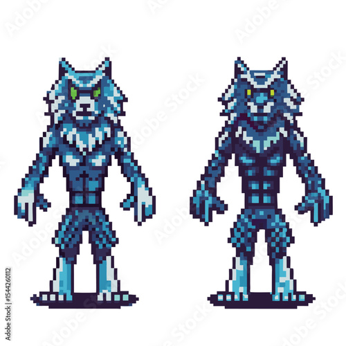 Two different poses of a stylized, pixelated werewolf character.