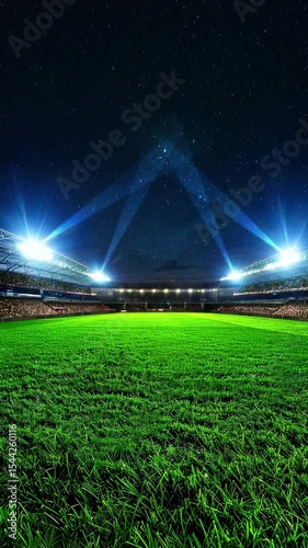 Sports vertical Video background with a stadium full of spectators, grass pitch and with spotlights moving.