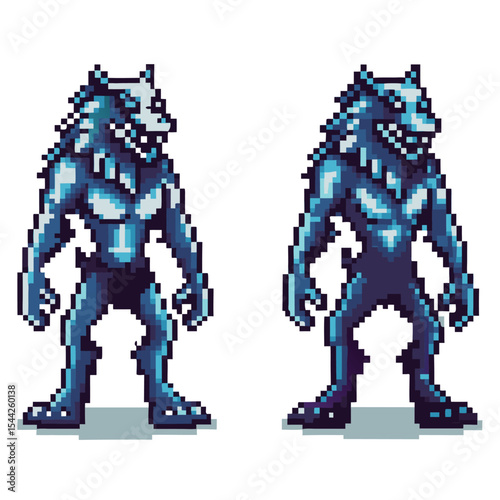This stock image features two pixelated werewolf figures, likely from a video game or digital art project.