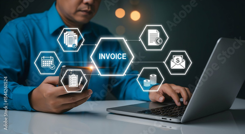 Virtual Billing and Payment Processing Solution. Invoice Software and Financial Icons ,Automated Online Invoice,E-Invoice Software System ,billing, finance, digital, software, fintech, automation .