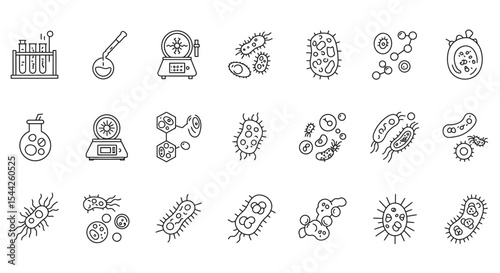 Diverse set of bacterial and microbiological vector line icons representing scientific research