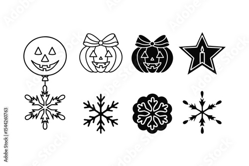 Holiday Icon Set – Pumpkin, Star, and Snowflake Silhouette Clipart Vector Illustration