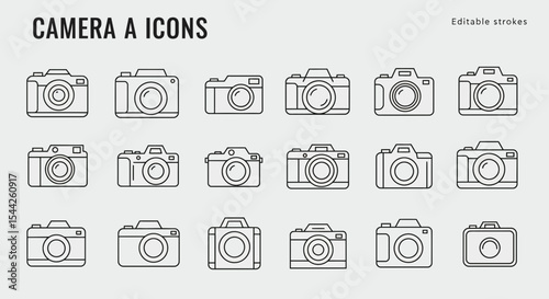 Diverse Camera Icon Set: Line Art Illustrations for Photography and Design Projects