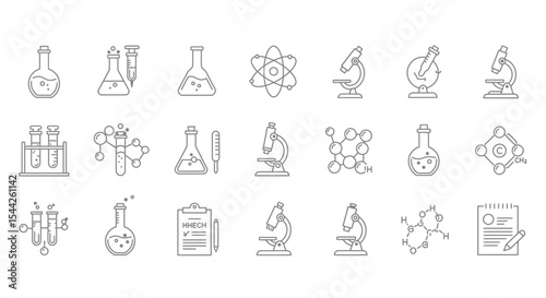 Collection of outline icons representing laboratory equipment for scientific research