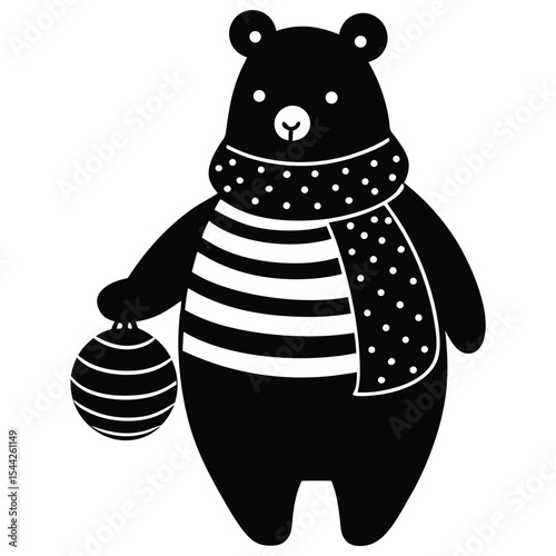 A cute christmas bear wearing a scarf and holding a holiday ornament vector illustration
