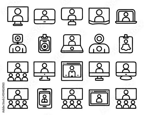 Thin line flat style video conference icon isolated on transparent background