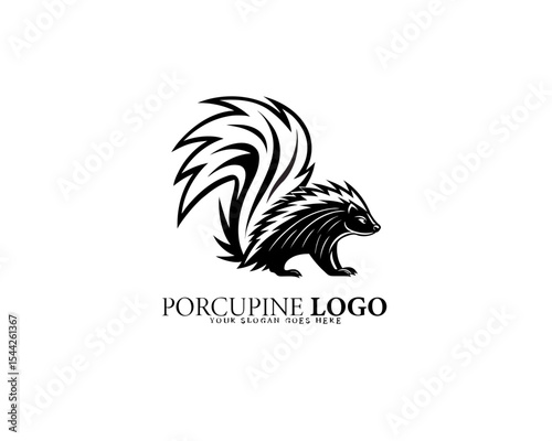 Black and white minimalist porcupine logo with circular stylized spine motif and clean silhouette, ideal for eco-branding, nature nonprofits, and creative wildlife product labels.

