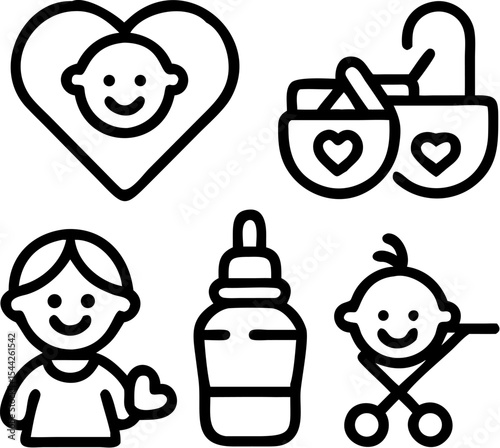 Cute parenting and baby care icon set with bottle, stroller, heart symbol
