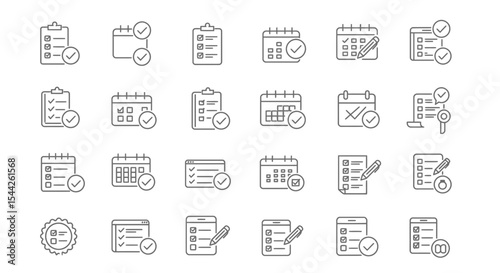 Set of vector line icons related to task management and completed items schedule