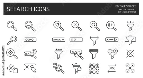 Collection of search and filter icons with editable strokes for web design