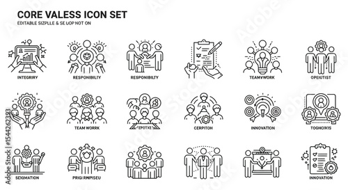 Collection of core values business icons representing teamwork, responsibility, and innovation