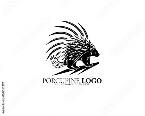 Bold porcupine emblem featuring dramatic quill motion and black and white contrast, perfect for sports mascots, brand logos, edgy wildlife icons, and contemporary design.

