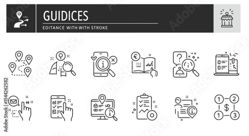 Collection of line icons representing business guides, and editance for website design