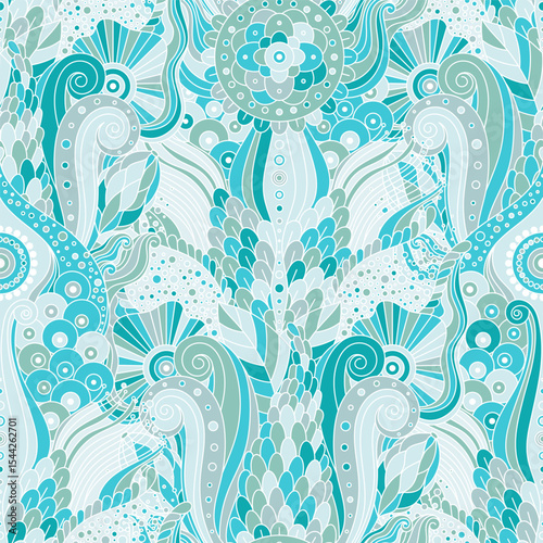 Abstract seamless pattern in shades of blue, with underwater and sea motifs