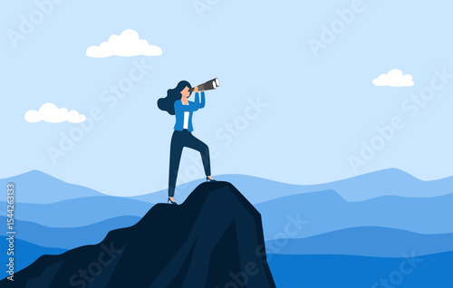 Business vision to see journey to success, discovery new opportunity, looking for jobs, future success or career goal, leadership mission concept, businesswoman lookout telescope on top mountain peak.