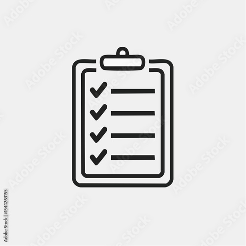 Checklist on Clipboard Icon: Black and White Minimalist Vector Illustration