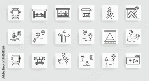 Set of transportation and navigation line icons representing various transport methods