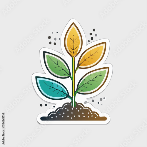 Colorful Plant Illustration with Teal, Green, Yellow and Orange Leaves