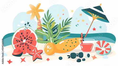 Summer Tropical Vacation Elements with Fruits, Drinks and Beach Accessories Illustration

