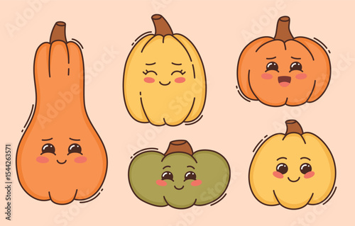 Set of cartoon pumpkins of different shapes. Flat vector illustration.