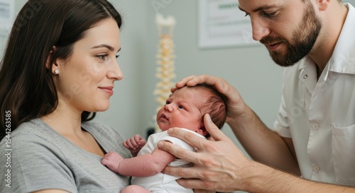 Chiropractor examining newborn near mother