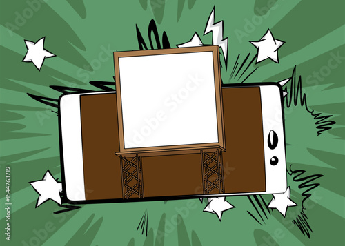 Cartoon Smartphone, comic book Telephone with Billboard. Retro vector comics pop art design.