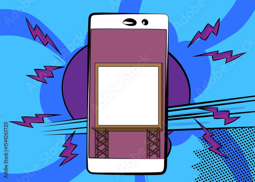 Cartoon Smartphone, comic book Telephone with Billboard. Retro vector comics pop art design.