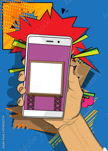 Cartoon Smartphone, comic book Telephone with Billboard. Retro vector comics pop art design.