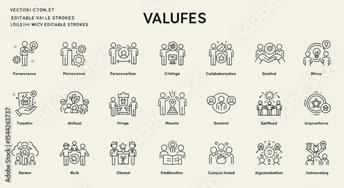 Vector icons representing values, collaboration, and perseverance themes with minimal style