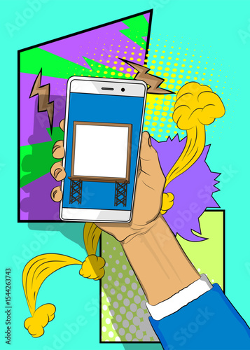 Cartoon Smartphone, comic book Telephone with Billboard. Retro vector comics pop art design.