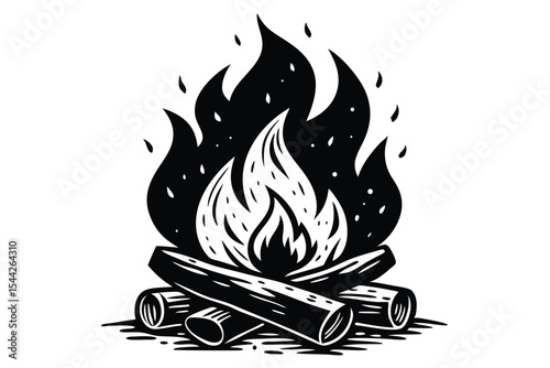 Stylized Monochrome Illustration of a Wood Fire with Flames and Sparks Emitting from the Logs