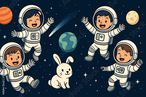 Vector Children wearing astronaut suits floating in space, 169 resolution