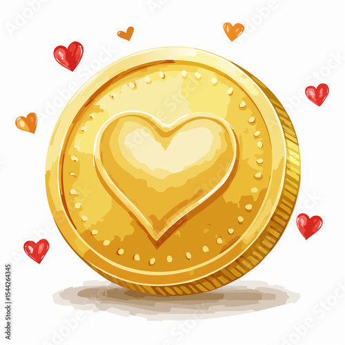 Golden Heart Coin with Red and Orange Hearts Pixel Art Illustration