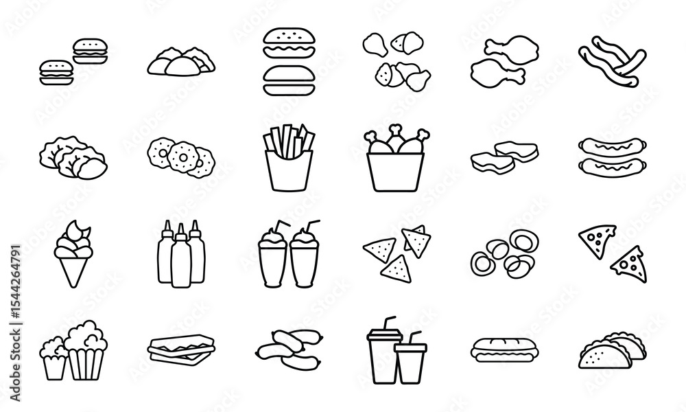 Fototapeta premium A minimalist black and white line art collection of 24 types of delicious fast food and snack icons