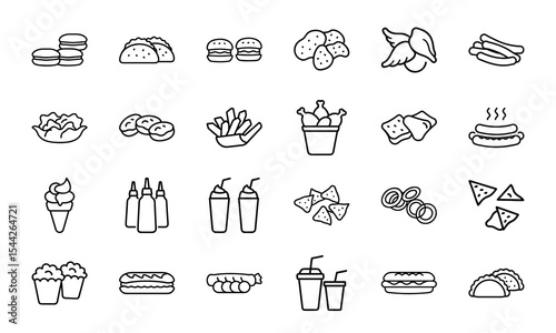 A diverse illustration collection showcasing 24 types of fast food icons in clean black and white outline style