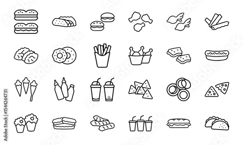 Vector illustration of 24 types of delicious fast food items in simple black and white outline