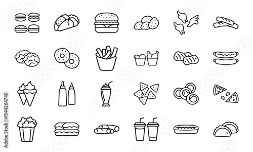 A vector illustration featuring twenty four types of delicious fast food icons in a simple outline style design