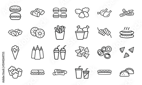 Vector illustration of a collection of 24 types of fast food icons in a clean minimalist style.